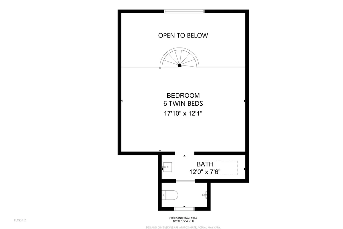 An open loft space featuring six twin beds arranged in a communal layout, with a nearby bathroom and an overlook to the floor below. The beds are dressed in soft linens, and the space exudes a playful, group-friendly energy.